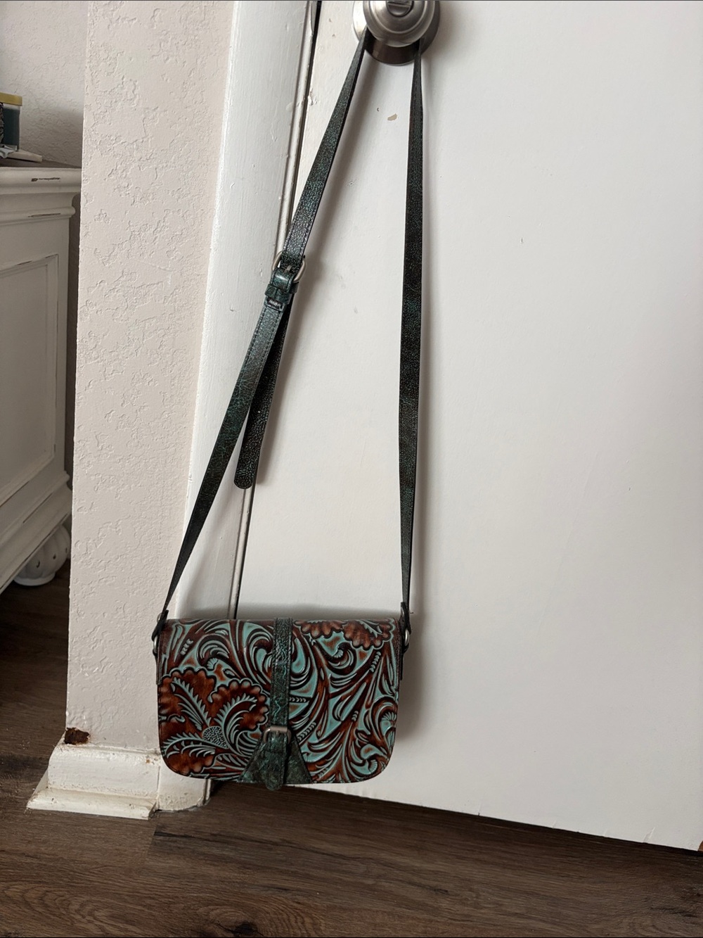 Patricia Nash Teal and Brown Tooled Floral Crossbody